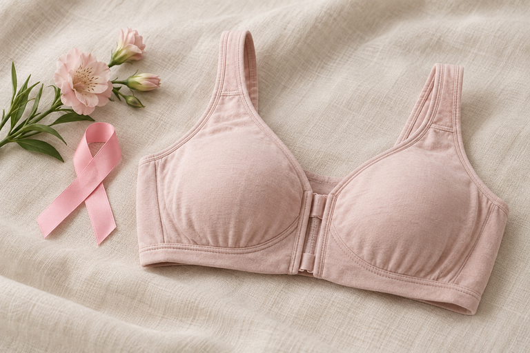 Soft pink front-fastening post-surgery bra with a pink ribbon and flowers