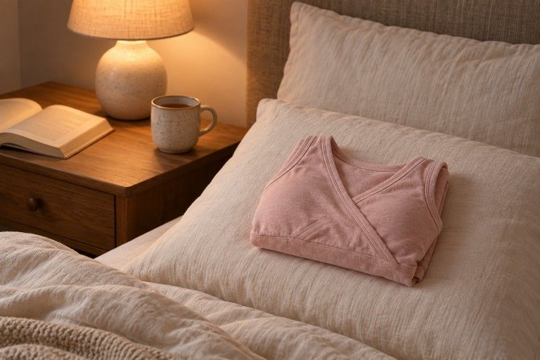 A soft blush crossover lounge bra folded on a pillow beside a bedside lamp, a mug of tea and a book