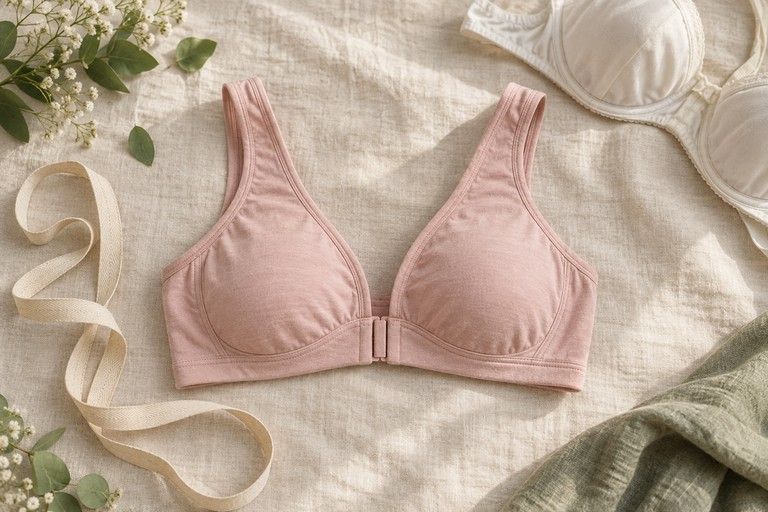 A soft blush non-wired front-fastening bra on cream linen beside a tape measure, with an old underwired bra set aside