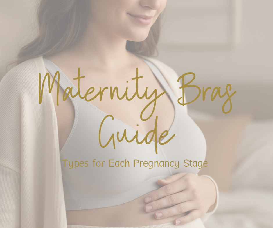 Smiling pregnant woman wearing a supportive maternity bra for comfort during pregnancy.