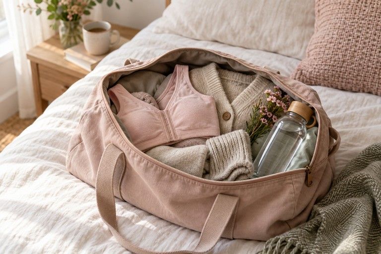 An overnight bag on a bed packed with a soft front-fastening bra, cardigan, socks and a water bottle