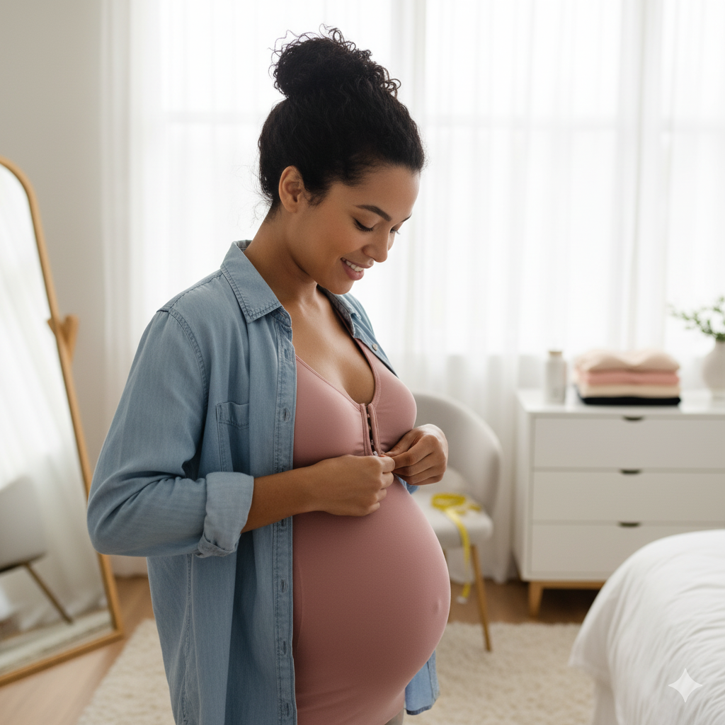 Pregnant woman trying on a maternity bra in front of a mirror to check fit and support.