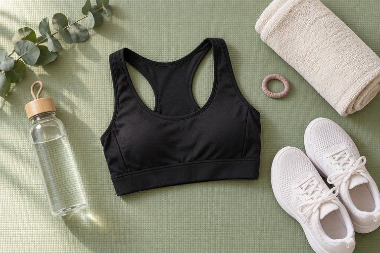 A black racerback sports bra on a sage yoga mat with white trainers, a water bottle and a rolled towel