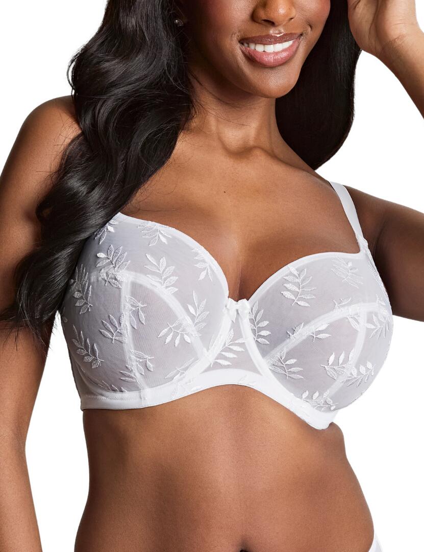 White embroidered balcony bra on a model