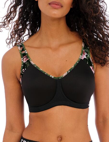Freya Active Sonic moulded sports bra in black with floral print straps