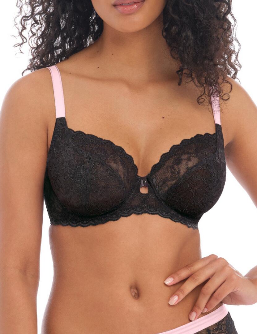 Freya Offbeat plunge bra in black lace with pink straps, a fuller-bust style